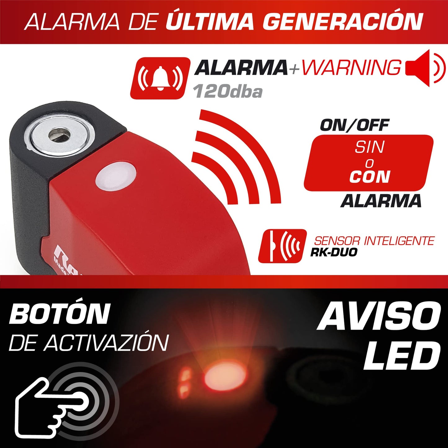 RADIKAL RK6 Candado Moto Disco Alarma 120db ON/OFF, Warning Avisador, Módulo Remplazable Impermeable, Pila Litio, Universal Motos Scooters Bicicletas Patinetes, Antirrobo Pinza Disco Freno