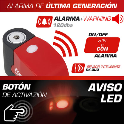 RADIKAL RK6 Candado Moto Disco Alarma 120db ON/OFF, Warning Avisador, Módulo Remplazable Impermeable, Pila Litio, Universal Motos Scooters Bicicletas Patinetes, Antirrobo Pinza Disco Freno