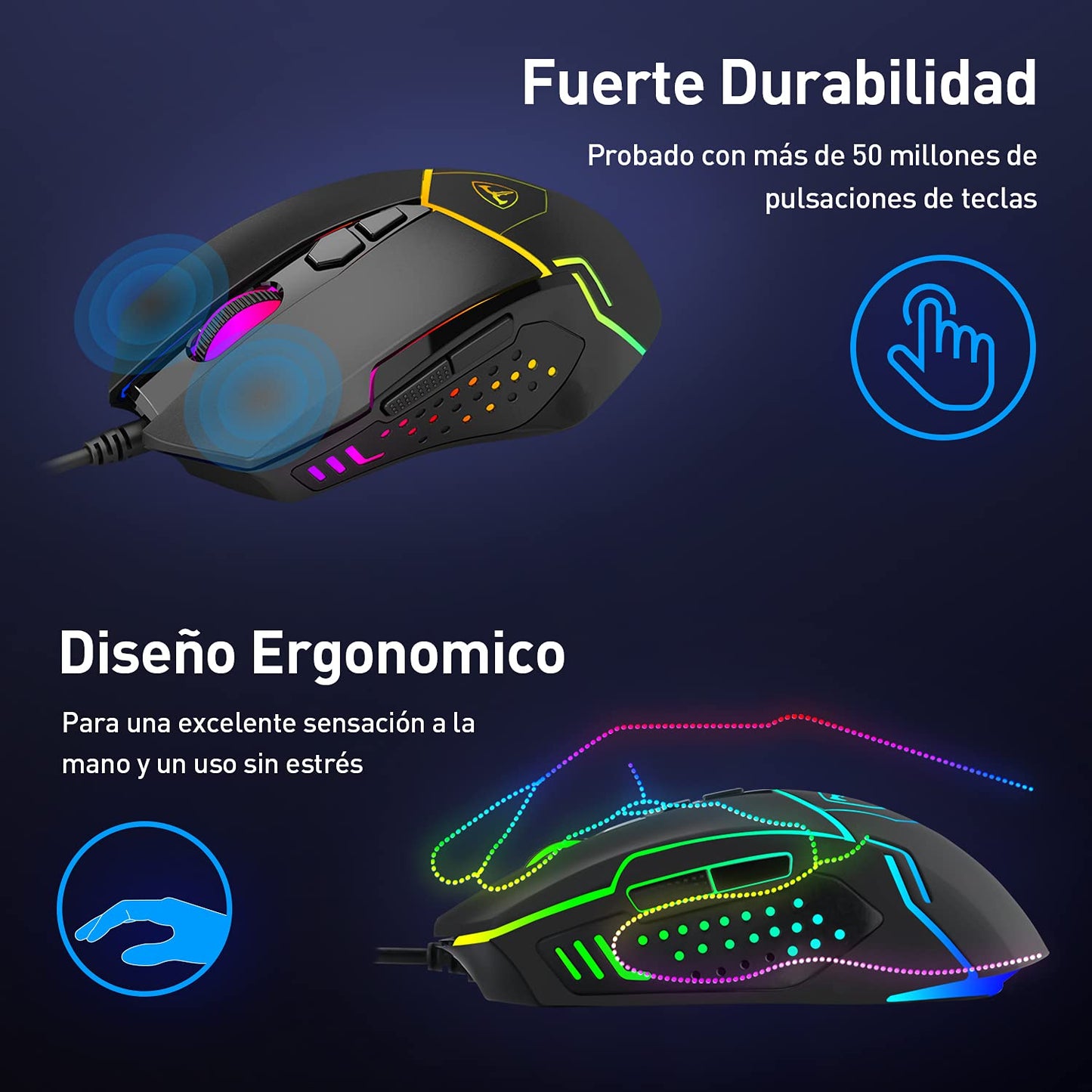 TERPORT S709 Mouse Gaming de RGB Programable, Ratón Gamer Alambrico Ergonómico, Hasta 7200 DPI con 5 Ajustable Niveles, Ratón con 7 Botones y RGB Retroiluminación, Mouse Alambrico para Win y Mac,Negro