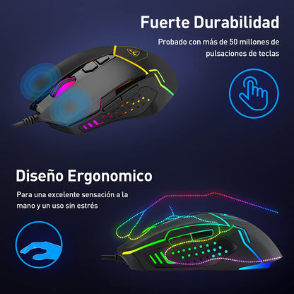 TERPORT S709 Mouse Gaming de RGB Programable, Ratón Gamer Alambrico Ergonómico, Hasta 7200 DPI con 5 Ajustable Niveles, Ratón con 7 Botones y RGB Retroiluminación, Mouse Alambrico para Win y Mac,Negro