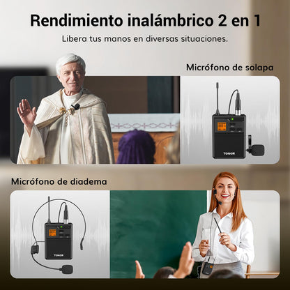 TONOR Microfono Inalambrico UHF con Micrófono Diadema/Lavalier Solapa Bolsillo Mic, Bodypack Transmisor y Mini Receiver 1/4 Pulgadas Salida, 60M para Actuaciones en Vivo Reuniones Lglesia Discurso