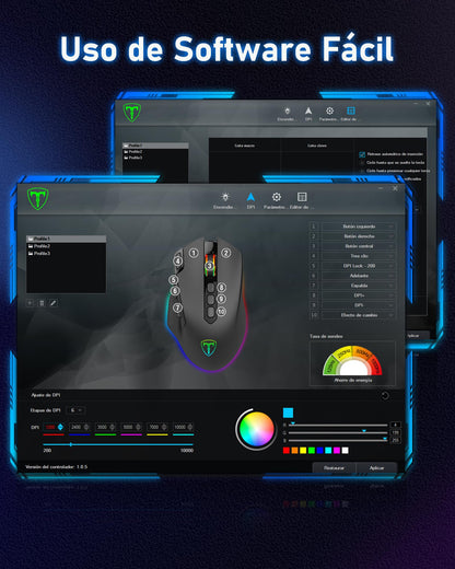 TERPORT S600 Mouse Gaming de Modo Dual Inalámbrico, Ratón de 10000DPI Sensor Optico, Mouse Gamer de RGB Retroiluminación, Ratón Inalámbrico Recargable con 6 Niveles de dpi, 10 Botones Programables