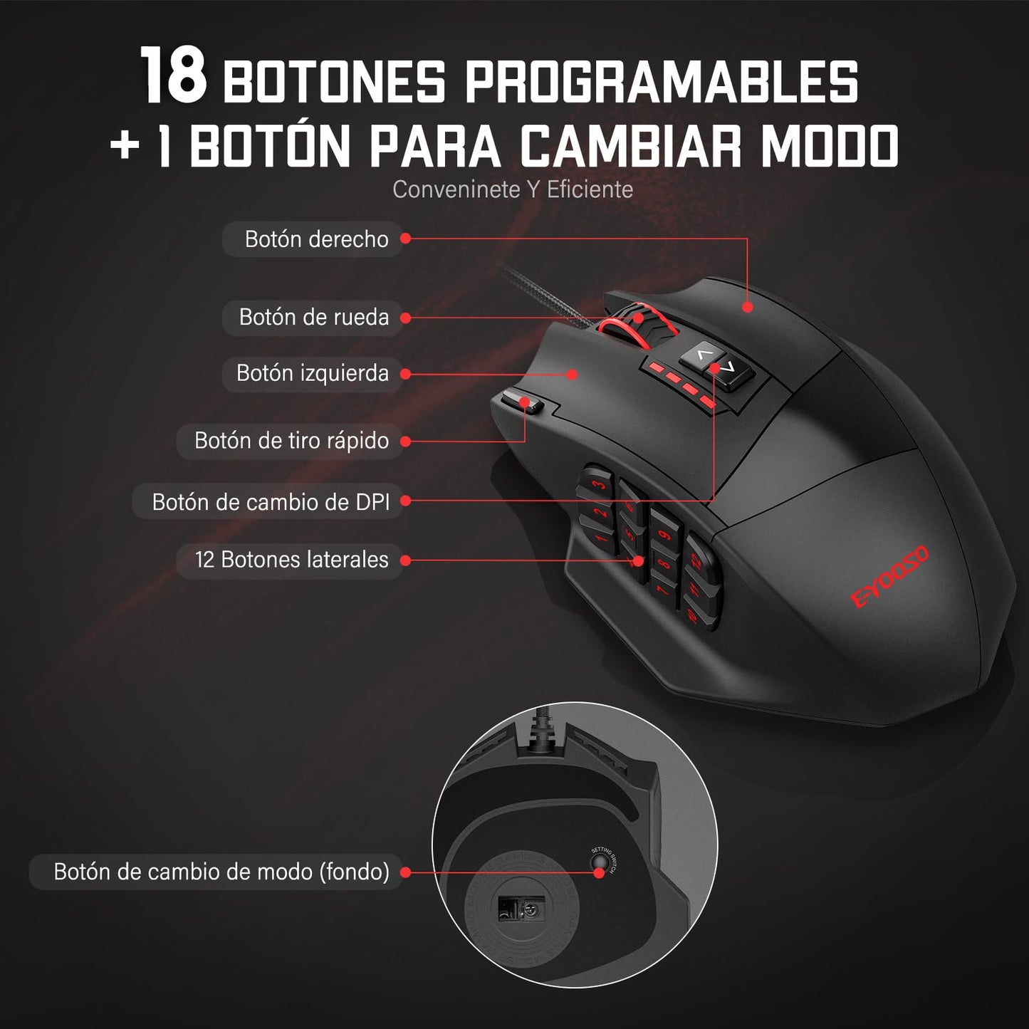 TERPORT S700 Mouse Gaming Alámbrico, Mouse Gamer con 18 Botones Programables, 16KDPI con 5 Niveles Ajustables, Iluminación RGB, Ratón Juegos con Peso Ajustable para Mano Media/Grande, para Win/Mac