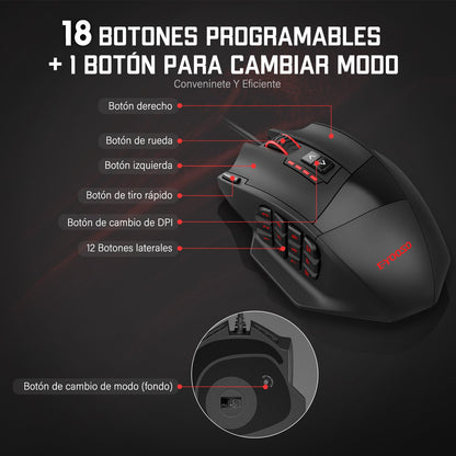 TERPORT S700 Mouse Gaming Alámbrico, Mouse Gamer con 18 Botones Programables, 16KDPI con 5 Niveles Ajustables, Iluminación RGB, Ratón Juegos con Peso Ajustable para Mano Media/Grande, para Win/Mac