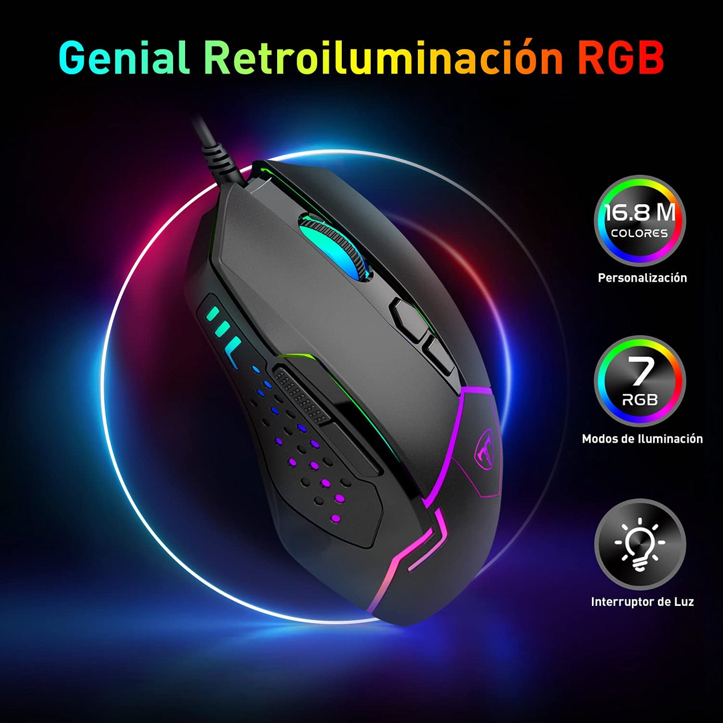 TERPORT S709 Mouse Gaming de RGB Programable, Ratón Gamer Alambrico Ergonómico, Hasta 7200 DPI con 5 Ajustable Niveles, Ratón con 7 Botones y RGB Retroiluminación, Mouse Alambrico para Win y Mac,Negro