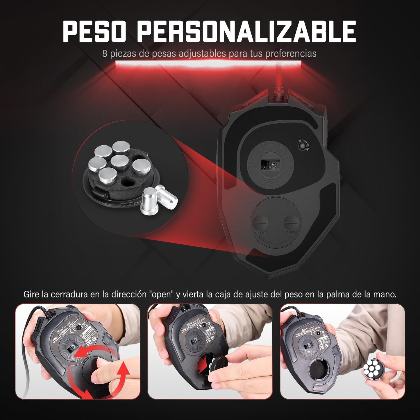 TERPORT S700 Mouse Gaming Alámbrico, Mouse Gamer con 18 Botones Programables, 16KDPI con 5 Niveles Ajustables, Iluminación RGB, Ratón Juegos con Peso Ajustable para Mano Media/Grande, para Win/Mac