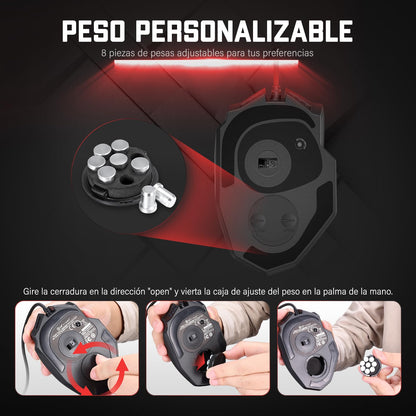 TERPORT S700 Mouse Gaming Alámbrico, Mouse Gamer con 18 Botones Programables, 16KDPI con 5 Niveles Ajustables, Iluminación RGB, Ratón Juegos con Peso Ajustable para Mano Media/Grande, para Win/Mac