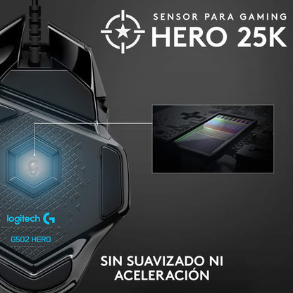 Logitech G502 Hero Mouse Gaming con Cable, Sensor Hero 25K, LIGHTSYNC RGB, Peso Ajustable, 11 Botones programables, Memoria integrada - Negro