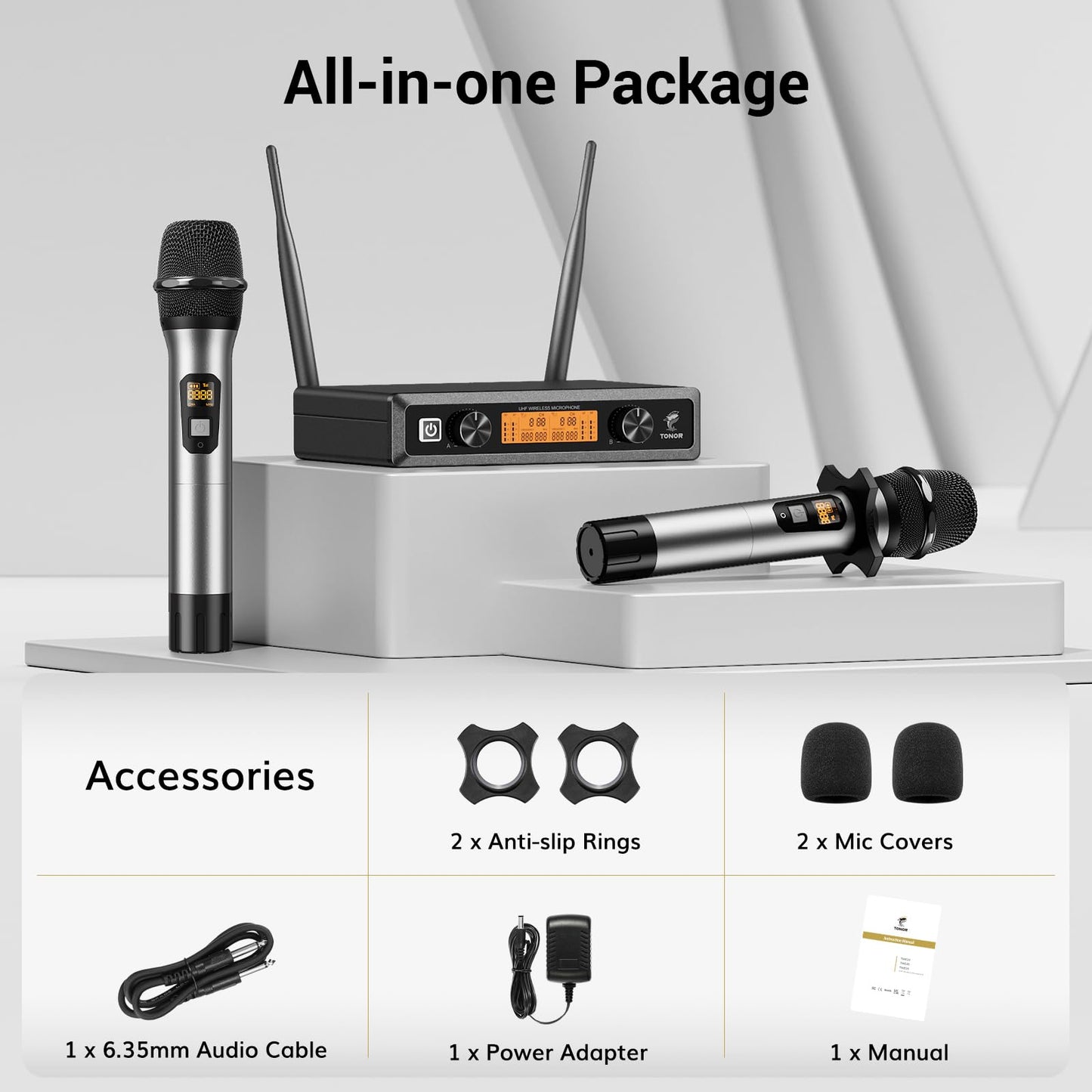 TONOR Micrófono Inalámbrico Dual Sistema de Micrófono Inalámbrico de Mano Profesional UHF, Set KTV Hogar para Karaoke, DJ, Fiesta, 60 Metros, TW820, Plateado