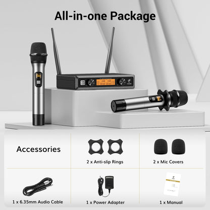 TONOR Micrófono Inalámbrico Dual Sistema de Micrófono Inalámbrico de Mano Profesional UHF, Set KTV Hogar para Karaoke, DJ, Fiesta, 60 Metros, TW820, Plateado
