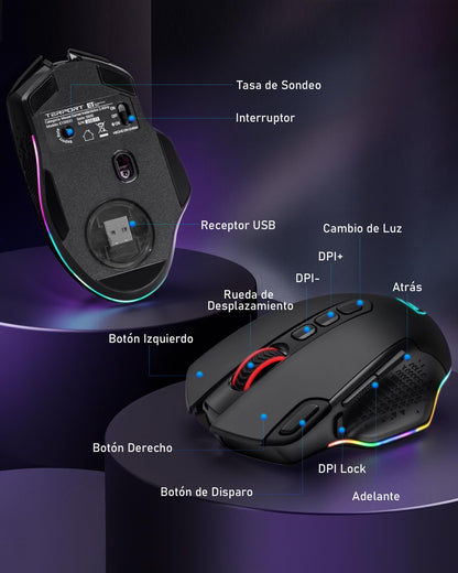 TERPORT S600 Mouse Gaming de Modo Dual Inalámbrico, Ratón de 10000DPI Sensor Optico, Mouse Gamer de RGB Retroiluminación, Ratón Inalámbrico Recargable con 6 Niveles de dpi, 10 Botones Programables