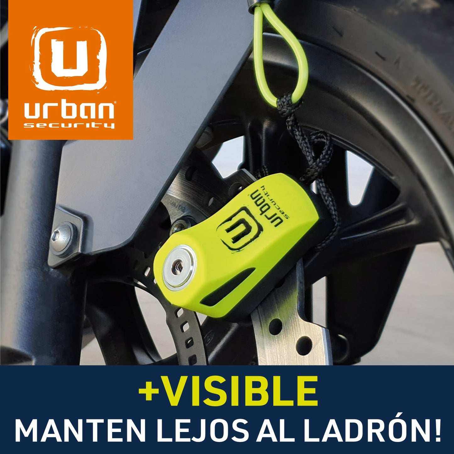 Urban UR955Y Candado para Moto, Candado Disco Antirrobo Universal para Motocicleta y Scooter, Cable Recordatorio de Regalo, Amarillo y Negro, Made in Europe
