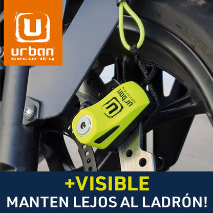Urban UR955Y Candado para Moto, Candado Disco Antirrobo Universal para Motocicleta y Scooter, Cable Recordatorio de Regalo, Amarillo y Negro, Made in Europe