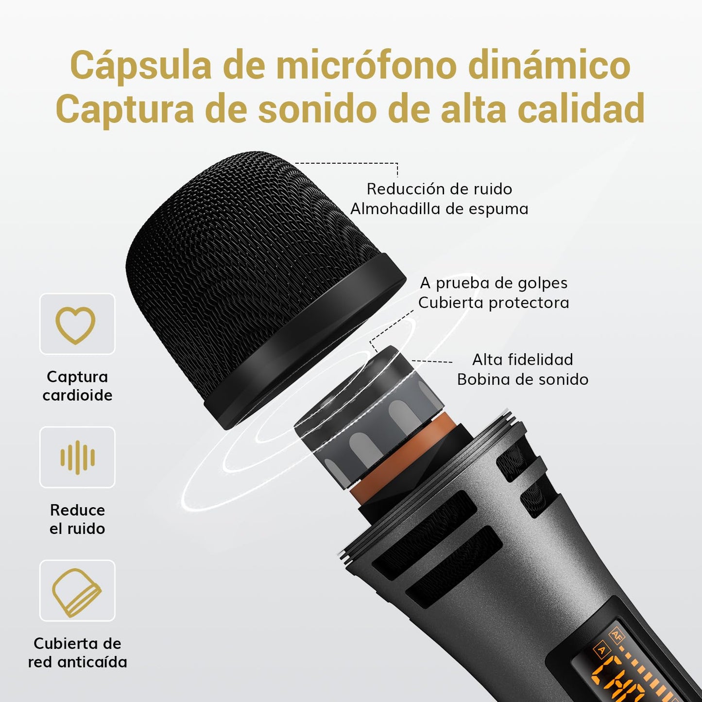 TONOR Micrófono Inalámbrico, Sistema de Micrófono Dinamico de Mano Inalámbrico de Metal UHF con Receptor Recargable, Salida de 1/4" para Amplificador, Sistema PA, Máquina de Karaoke, 60m, Gris
