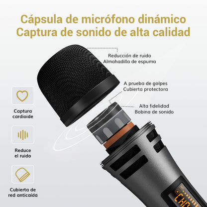 TONOR Micrófono Inalámbrico, Sistema de Micrófono Dinamico de Mano Inalámbrico de Metal UHF con Receptor Recargable, Salida de 1/4" para Amplificador, Sistema PA, Máquina de Karaoke, 60m, Gris