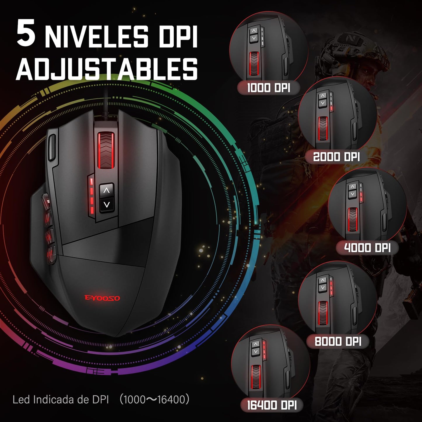 TERPORT S700 Mouse Gaming Alámbrico, Mouse Gamer con 18 Botones Programables, 16KDPI con 5 Niveles Ajustables, Iluminación RGB, Ratón Juegos con Peso Ajustable para Mano Media/Grande, para Win/Mac