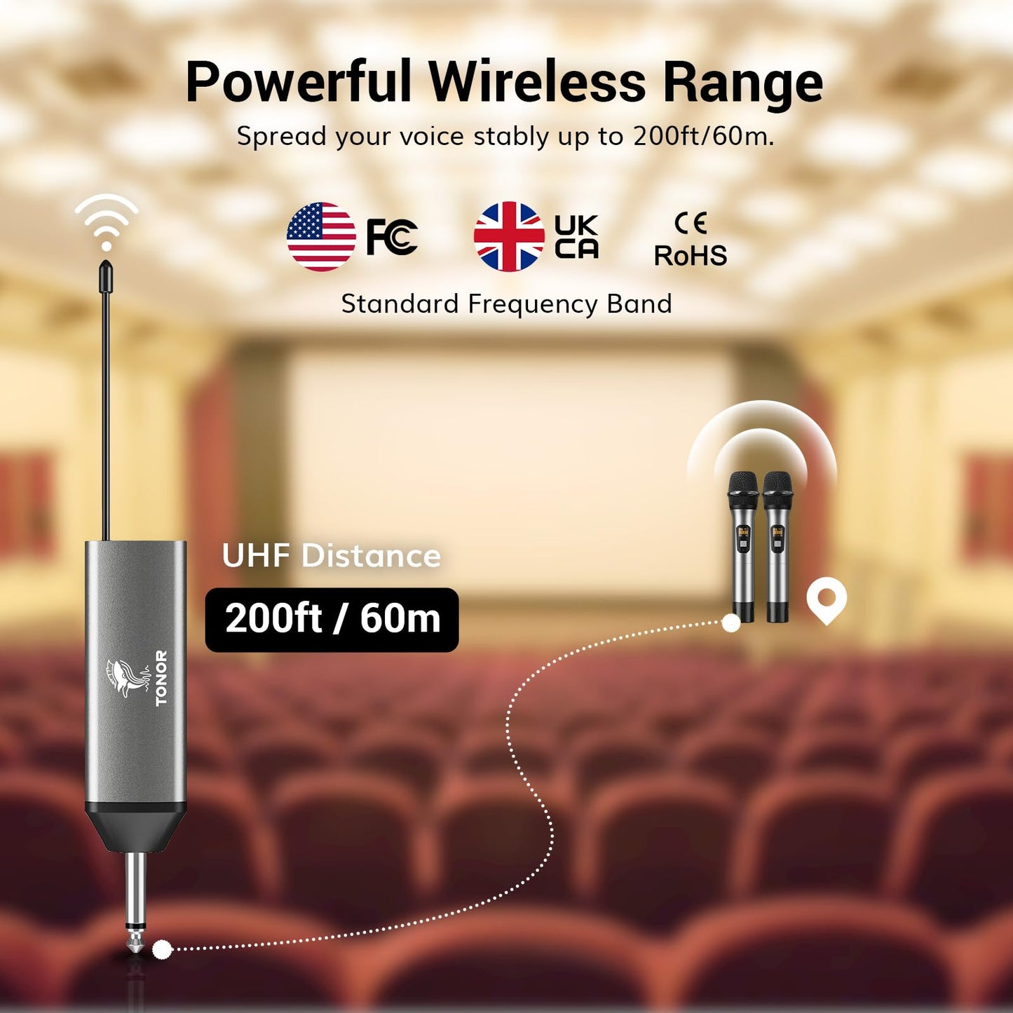 TONOR Micrófono Inalámbrico UHF Dual, Dinámico de Metal, Receptor Recargable, 60M de Alcance, Conector 6.35/3.5mm para Karaoke, Boda, Fiesta, Discurso, Iglesia