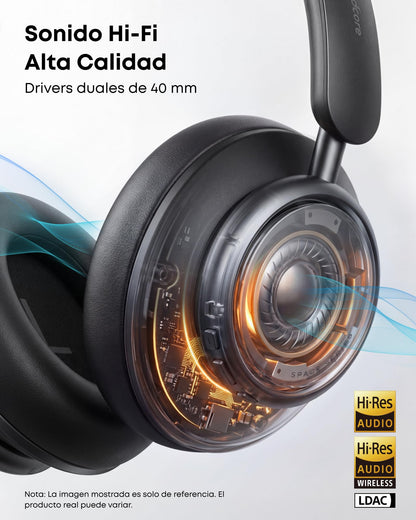 Soundcore Space Q45 Audifonos Inalambricos Diadema con ANC Adaptativa hasta 98%, hasta 50h Reproducción, Carga Rápida, Audio Hi-Res LDAC, App, Ajuste Cómodo, para Juegos, Gamer, Regalos para mamá