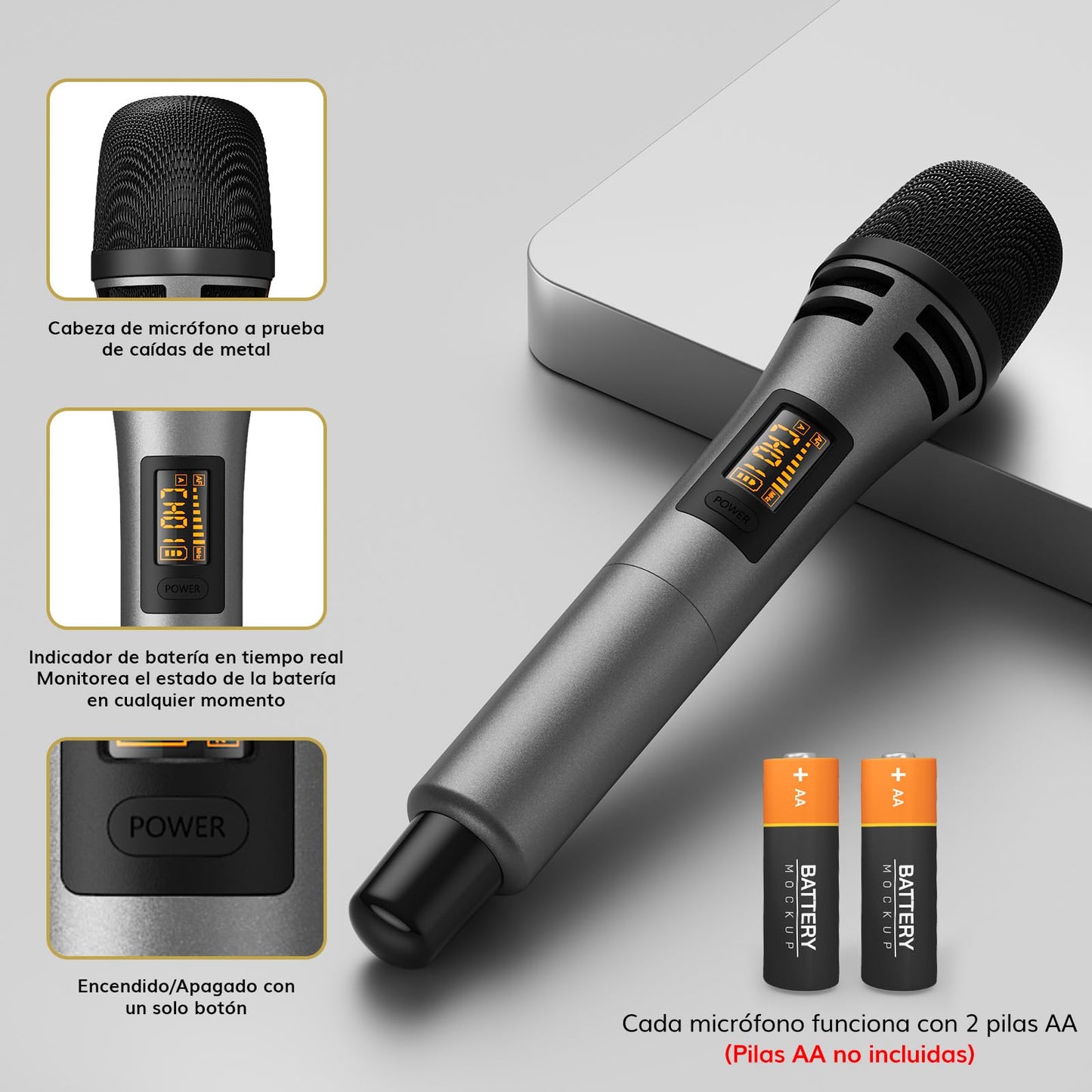 TONOR Micrófono Inalámbrico, Sistema de Micrófono Dinamico de Mano Inalámbrico de Metal UHF con Receptor Recargable, Salida de 1/4" para Amplificador, Sistema PA, Máquina de Karaoke, 60m, Gris