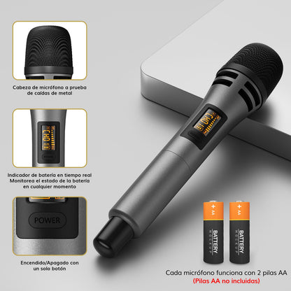 TONOR Micrófono Inalámbrico, Sistema de Micrófono Dinamico de Mano Inalámbrico de Metal UHF con Receptor Recargable, Salida de 1/4" para Amplificador, Sistema PA, Máquina de Karaoke, 60m, Gris