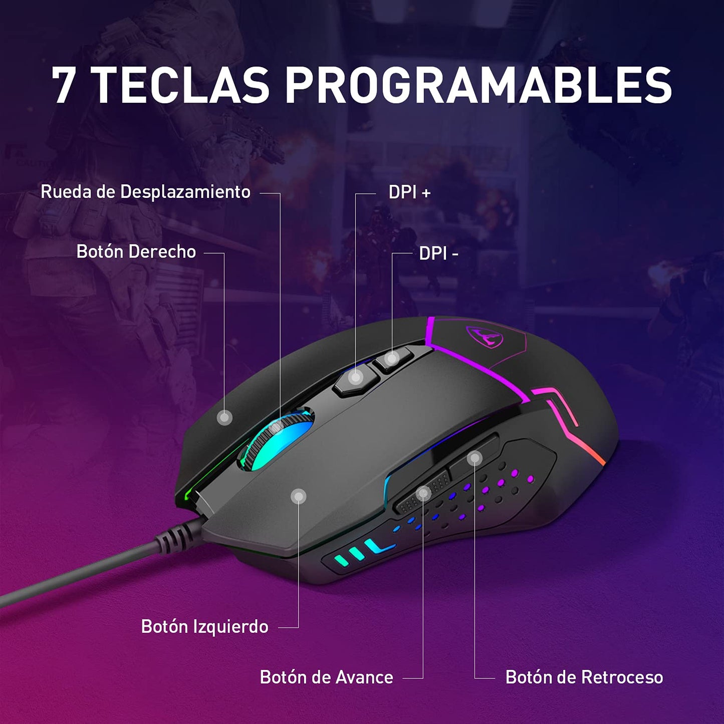 TERPORT S709 Mouse Gaming de RGB Programable, Ratón Gamer Alambrico Ergonómico, Hasta 7200 DPI con 5 Ajustable Niveles, Ratón con 7 Botones y RGB Retroiluminación, Mouse Alambrico para Win y Mac,Negro