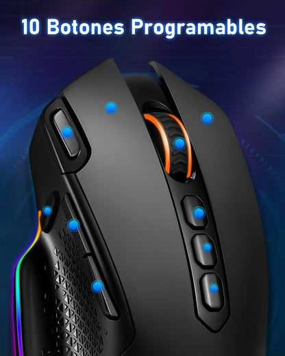 TERPORT S600 Mouse Gaming de Modo Dual Inalámbrico, Ratón de 10000DPI Sensor Optico, Mouse Gamer de RGB Retroiluminación, Ratón Inalámbrico Recargable con 6 Niveles de dpi, 10 Botones Programables