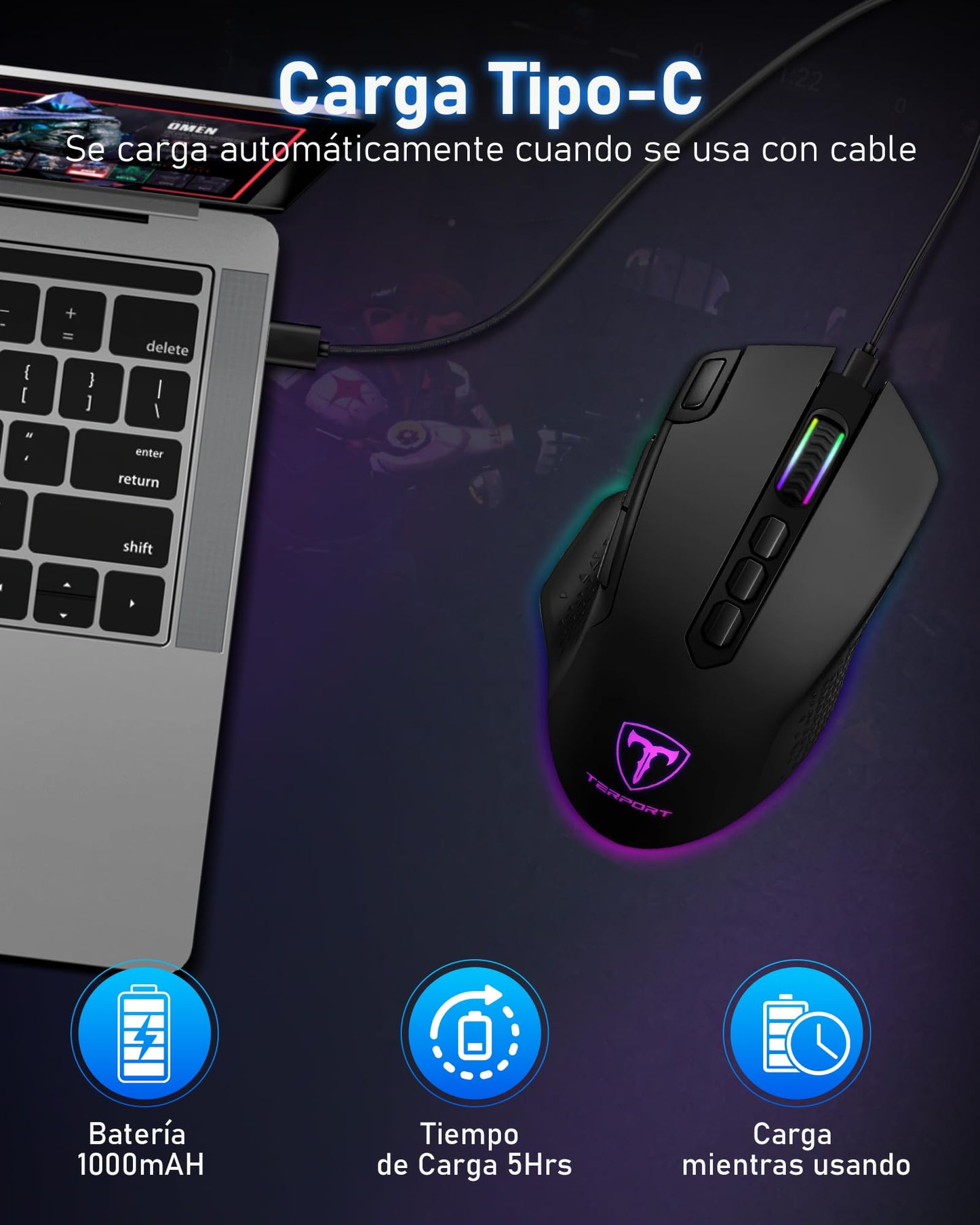 TERPORT S600 Mouse Gaming de Modo Dual Inalámbrico, Ratón de 10000DPI Sensor Optico, Mouse Gamer de RGB Retroiluminación, Ratón Inalámbrico Recargable con 6 Niveles de dpi, 10 Botones Programables