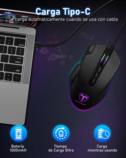 TERPORT S600 Mouse Gaming de Modo Dual Inalámbrico, Ratón de 10000DPI Sensor Optico, Mouse Gamer de RGB Retroiluminación, Ratón Inalámbrico Recargable con 6 Niveles de dpi, 10 Botones Programables