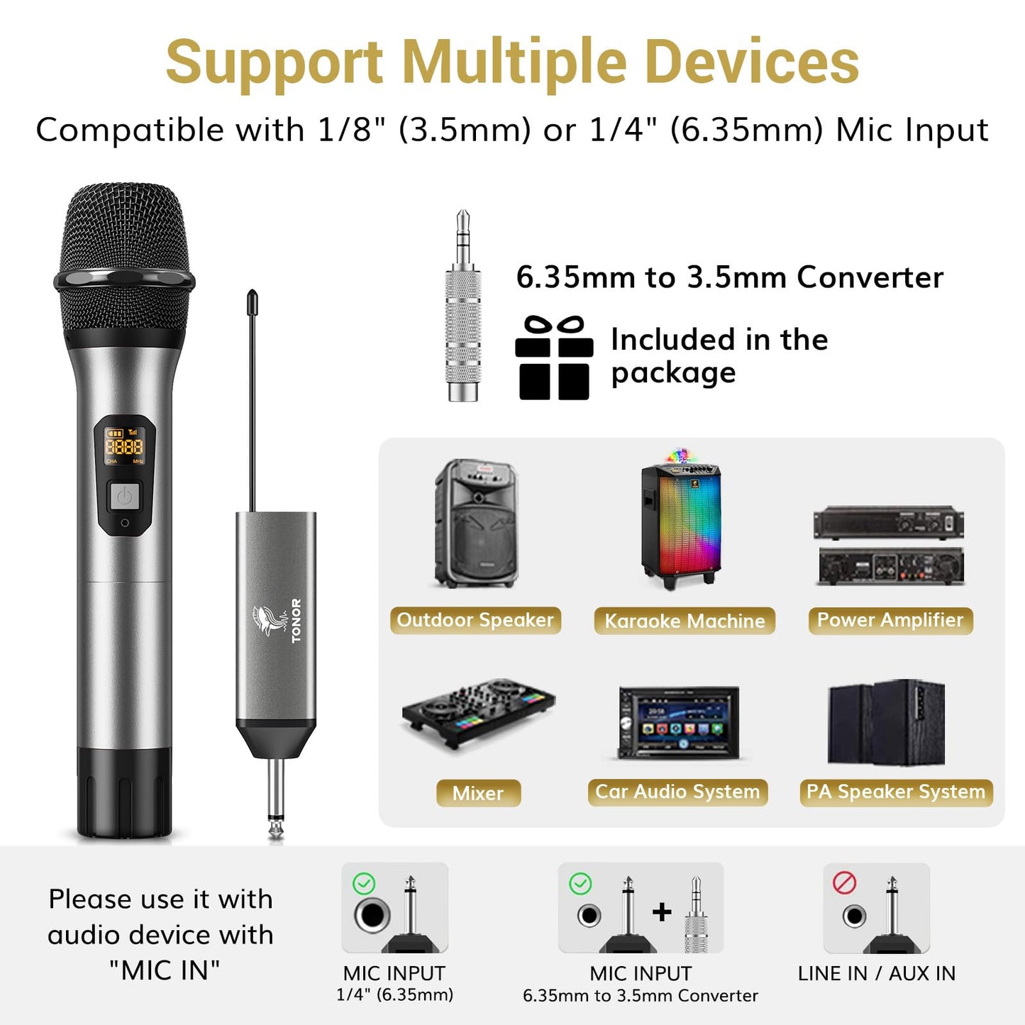 TONOR Micrófono Inalámbrico UHF Dual, Dinámico de Metal, Receptor Recargable, 60M de Alcance, Conector 6.35/3.5mm para Karaoke, Boda, Fiesta, Discurso, Iglesia