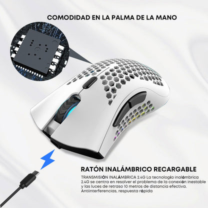K SNAKE Ratón Ergonómico para Juegos con dpi Ajustable 800/1200/3000, Mouse Gamer Inalámbrico, Iluminación Chroma RGB, Bm600 (Blanco)