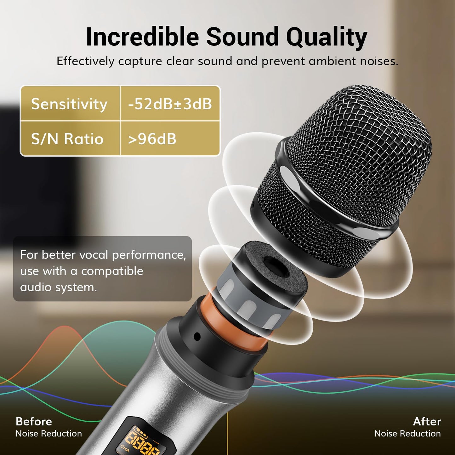 TONOR Micrófono Inalámbrico Dual Sistema de Micrófono Inalámbrico de Mano Profesional UHF, Set KTV Hogar para Karaoke, DJ, Fiesta, 60 Metros, TW820, Plateado
