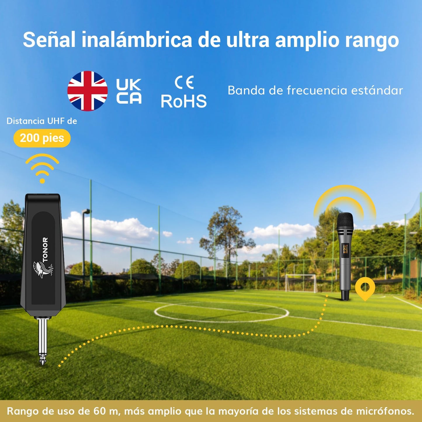 TONOR Micrófono Inalámbrico, Sistema de Micrófono Dinamico de Mano Inalámbrico de Metal UHF con Receptor Recargable, Salida de 1/4" para Amplificador, Sistema PA, Máquina de Karaoke, 60m, Gris