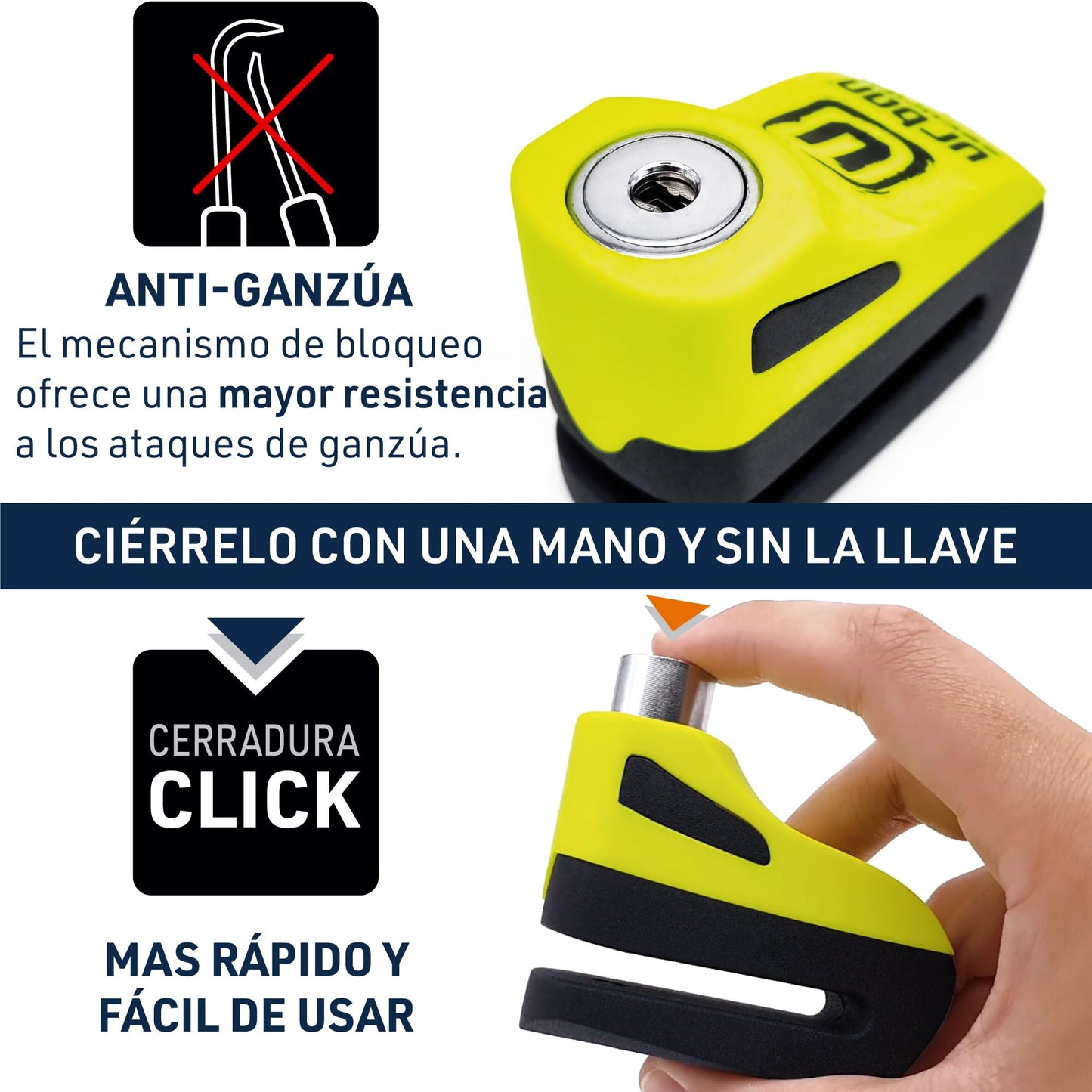Urban UR955Y Candado para Moto, Candado Disco Antirrobo Universal para Motocicleta y Scooter, Cable Recordatorio de Regalo, Amarillo y Negro, Made in Europe