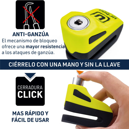Urban UR955Y Candado para Moto, Candado Disco Antirrobo Universal para Motocicleta y Scooter, Cable Recordatorio de Regalo, Amarillo y Negro, Made in Europe