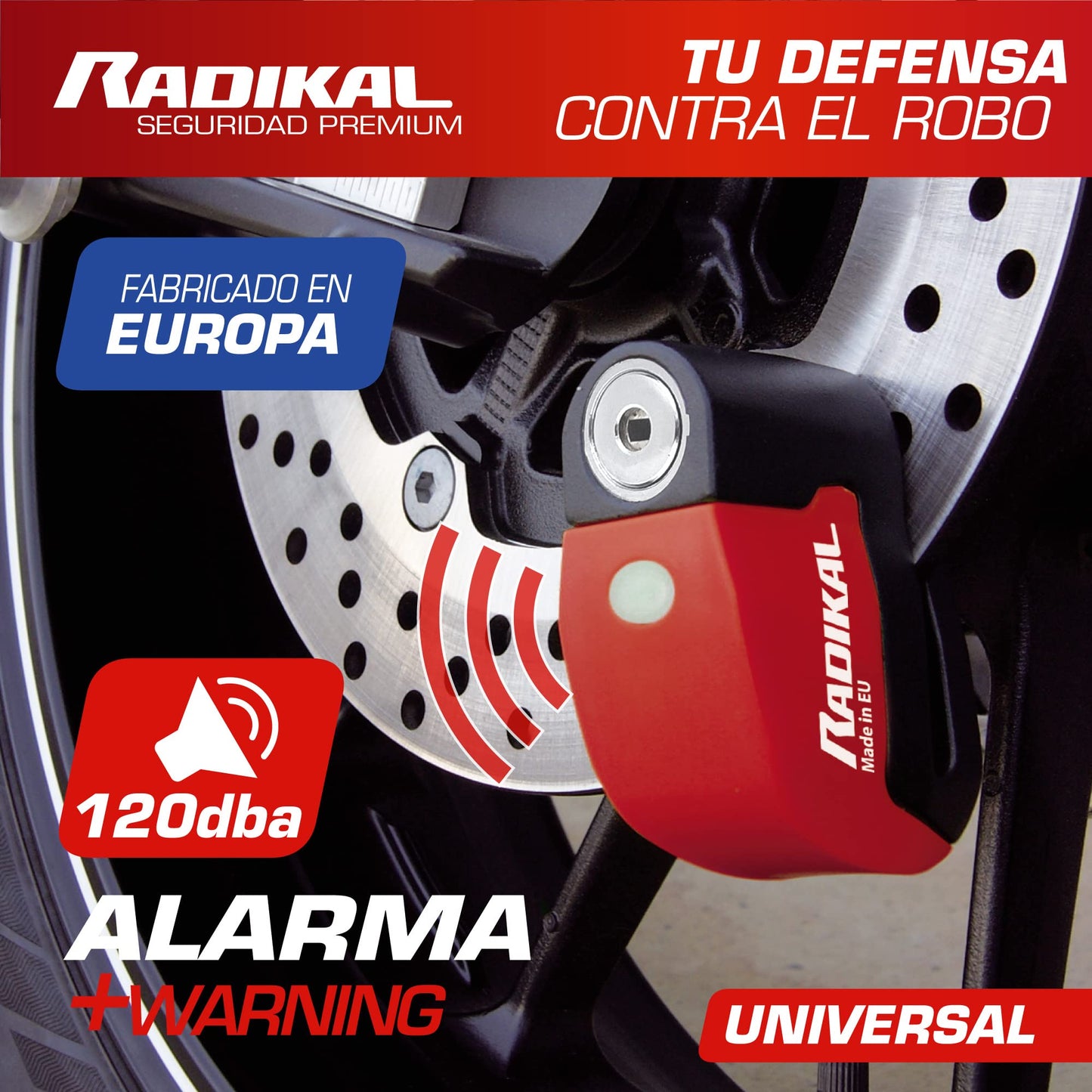 RADIKAL RK6 Candado Moto Disco Alarma 120db ON/OFF, Warning Avisador, Módulo Remplazable Impermeable, Pila Litio, Universal Motos Scooters Bicicletas Patinetes, Antirrobo Pinza Disco Freno