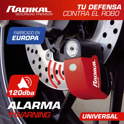 RADIKAL RK6 Candado Moto Disco Alarma 120db ON/OFF, Warning Avisador, Módulo Remplazable Impermeable, Pila Litio, Universal Motos Scooters Bicicletas Patinetes, Antirrobo Pinza Disco Freno