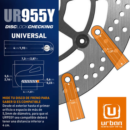 Urban UR955Y Candado para Moto, Candado Disco Antirrobo Universal para Motocicleta y Scooter, Cable Recordatorio de Regalo, Amarillo y Negro, Made in Europe