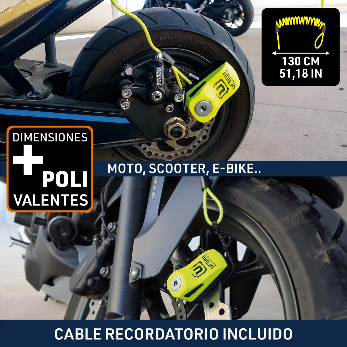 Urban UR955Y Candado para Moto, Candado Disco Antirrobo Universal para Motocicleta y Scooter, Cable Recordatorio de Regalo, Amarillo y Negro, Made in Europe