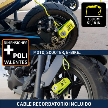 Urban UR955Y Candado para Moto, Candado Disco Antirrobo Universal para Motocicleta y Scooter, Cable Recordatorio de Regalo, Amarillo y Negro, Made in Europe
